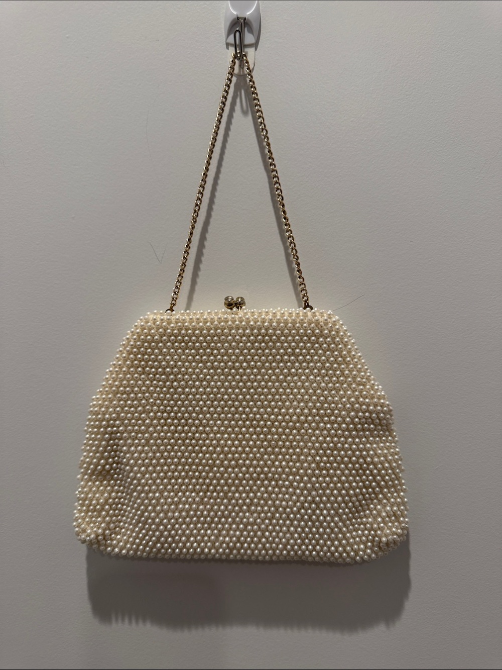 Bag by Debbie Vintage Pearl-Embellished Cream Evening Wristlet with Gold Chain